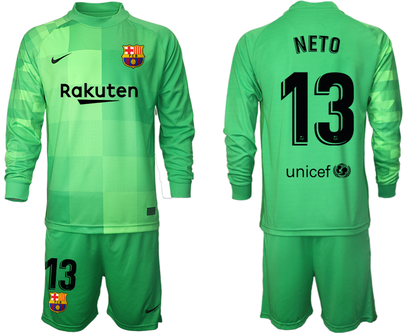 Men 2021-2022 Club Barcelona green goalkeeper Long Sleeve #13 Soccer Jersey